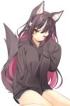  1girl animal_ear_fluff animal_ears bangs black_hoodie blush brown_hair chisaka_airi collarbone commentary commission diamond-shaped_pupils diamond_(shape) dolphin_shorts drooling flower hair_flower hair_ornament hairclip highres hood hoodie multicolored_hair one_eye_closed phase_connect pink_hair sentouryoku_5 shorts simple_background sitting skeb_commission sleeves_past_fingers sleeves_past_wrists solo streaked_hair symbol-shaped_pupils tail thighs very_long_sleeves virtual_youtuber waking_up wariza white_background wolf_ears wolf_girl wolf_tail 