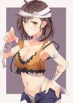  1girl absurdres bandaged_arm bandaged_head bandages bare_shoulders blue_shorts blush breasts brown_background brown_eyes brown_hair claw_pose cleavage collarbone commentary_request grin halloween hand_up highres kuzukiri_(riezenagel) looking_at_viewer medium_breasts navel open_clothes open_fly open_shorts original short_shorts shorts smile solo two-tone_background 