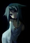  1girl bangs bare_arms bare_shoulders black_background black_ribbon collarbone cr0w dress green_hair hair_flaps highres long_hair looking_at_viewer ribbon saya_(saya_no_uta) saya_no_uta signature sleeveless sleeveless_dress smile solo sundress white_dress 