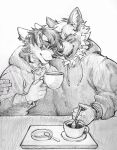  akatan_art anthro blush canid clothed clothing cutlery duo ear_piercing ear_ring ears_back eyes_closed front_view grey_body grey_scales hair happy holding_mug holding_object hoodie kitchen_utensils male mammal messy_hair mug open_mouth open_smile piercing pivoted_ears ring_piercing scales short_hair simple_background smile spoon tools topwear traditional_media_(artwork) unsigned 