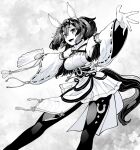  1girl :d animal_ears black_pantyhose breasts detached_sleeves ear_covers feet_out_of_frame folding_fan from_side greyscale hair_between_eyes hand_fan highres holding holding_fan horse_ears horse_girl inari_one_(fields_of_gold)_(umamusume) inari_one_(umamusume) intertwined_memories_galloping_thoughts_(umamusume) large_breasts long_hair monochrome official_alternate_costume outstretched_arms pantyhose ribbon-trimmed_sleeves ribbon_trim shinba_yagi sideboob smile solo twintails umamusume wide_sleeves 