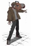  1boy 1other animal_on_shoulder bangs blonde_hair blood blood_on_clothes blood_on_face blood_on_hands blood_on_shoes blood_on_weapon brown_hoodie chainsaw chainsaw_man denji_(chainsaw_man) eyepatch fangs full_body grey_shirt highres hood hoodie looking_back looking_to_the_side outstretched_hand pochita_(chainsaw_man) shirt shoes short_hair simple_background sneakers solo_focus standing tasuketemama weapon white_background yellow_eyes 