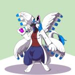  absurd_res balls_outline blue_hair breasts bulge cleavage_cutout clothed clothing detailed_bulge dragon fur genital_outline hair hi_res hologram hyper intersex multi_wing paws scientist white_body white_fur wings wot 