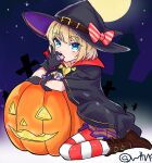  1girl bangs black_cloak black_footwear black_gloves black_headwear blonde_hair blue_eyes bob_cut boots bow candy cloak commentary derivative_work eating food full_moon girls_und_panzer gloves graveyard halloween halloween_costume hat hat_bow heart highres holding holding_candy holding_food jack-o&#039;-lantern katyusha_(girls_und_panzer) looking_at_viewer miniskirt moon night night_sky outdoors pantyhose pleated_skirt purple_skirt red_bow red_pantyhose short_hair sitting skirt sky solo star_(sky) starry_sky striped striped_pantyhose twitter_username wariza wata_sensha white_pantyhose witch_hat 