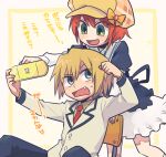  1boy 1girl blonde_hair blue_eyes chair deerstalker dress fang green_eyes handheld_game_console hat jacket necktie orange_hair plaid_headwear playstation_portable rat_(milky_holmes) red_necktie sailor_dress short_hair sitting sweatdrop tantei_opera_milky_holmes translation_request tsunoji white_jacket yellow_headwear yuzurizaki_nero 