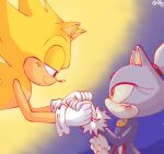  anthro blaze_the_cat blush clothing domestic_cat duo eulipotyphlan felid feline felis female gloves handwear hedgehog hi_res love male male/female mammal narrowed_eyes night sega simple_background sonic_the_hedgehog sonic_the_hedgehog_(series) spidercheetos super_sonic 