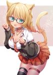  1girl animal_ears blonde_hair blush braid breasts cat_ears cat_girl cat_tail collarbone commission earrings glasses green_eyes heart heart_earrings highres jacket jewelry kisukekun large_breasts long_hair looking_at_viewer off_shoulder open_clothes open_mouth original paw_pose pleated_skirt shirt single_thighhigh skeb_commission skirt smile solo tail thigh_strap thighhighs twin_braids white_shirt 