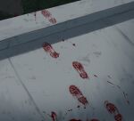  absurdres avogado6 blood blood_on_knife bloody_footprints commentary floor highres knife no_humans original rooftop shadow shoe_print 