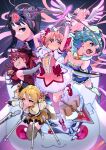  5girls absurdres akemi_homura black_eyes black_gloves black_hair blonde_hair blue_eyes blue_hair bow_(weapon) cape detached_sleeves drill_hair dual_persona fingerless_gloves gloves grey_sleeves hair_ribbon highres kaname_madoka kyubey long_hair magical_girl mahou_shoujo_madoka_magica miki_sayaka multiple_girls parted_lips pink_eyes pink_hair red_footwear red_hair red_ribbon ribbon sakura_kyouko shoes short_hair short_sleeves sleeveless smile socks strapless thighhighs tomoe_mami twin_drills twintails ultimate_madoka weapon white_cape white_socks yellow_eyes yooki_(winter_cakes) 