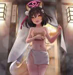  1girl :d animal_ear_fluff animal_ears bangs black_hair blue_archive blush breasts bucket commentary_request fox_ears fox_girl fox_tail hair_between_eyes hair_ornament halo holding holding_bucket izuna_(blue_archive) looking_at_viewer medium_breasts nipples onsen open_mouth orange_eyes pom_pom_(clothes) pom_pom_hair_ornament short_hair smile solo special_cat steam tail topless towel towel_around_waist white_towel wooden_bucket 
