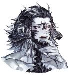  1boy au_ra avatar_(ff14) azaya_(kuroi_azaya) black_hair black_horns black_scales black_sclera braid colored_sclera colored_skin colored_tips final_fantasy final_fantasy_xiv grey_hair grey_skin hand_on_own_chin hand_up horns licking_lips looking_at_viewer low_horns male_focus medium_hair multicolored_eyes multicolored_hair multiple_horns open_mouth pink_eyes portrait scales side_braid simple_background solo tongue tongue_out white_background white_eyes 