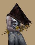  1boy brown_background caad014 cowboy_shot flower hands_up highres male_focus object_head pants pelvic_curtain petals pyramid_head scar scar_on_arm silent_hill_(series) simple_background sleeveless solo standing white_pants yellow_flower 