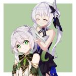  2girls ^_^ bangs bare_shoulders black_dress closed_eyes closed_mouth commentary_request company_connection cross-shaped_pupils crossover dress genshin_impact gloves gradient_hair green_background green_eyes green_hair grey_gloves grey_hair head_tilt highres honkai_(series) honkai_impact_3rd mihoyo multicolored_hair multiple_girls nahida_(genshin_impact) ryuusan_(leuthan698) see-through side_ponytail sleeveless sleeveless_dress smile streaked_hair tamura_yukari theresa_apocalypse theresa_apocalypse_(twilight_paladin) two-tone_background voice_actor_connection white_background white_dress 