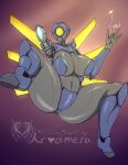  1_eye 2022 arcus_valarian areola big_breasts blue_body breasts coin female grey_body gun hi_res holding_object holding_weapon humanoid machine multicolored_body navel ranged_weapon robot robot_humanoid simple_background solo thick_thighs two_tone_body ultrakill v1_(ultrakill) weapon yellow_eyes 