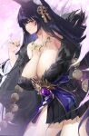  1girl animal_ears azur_lane bare_shoulders black_hair black_skirt blush breasts brown_eyes cleavage commentary_request cowboy_shot facial_mark fox_ears fur-trimmed_kimono fur_trim highres huge_breasts japanese_clothes jewelry kimono long_hair long_sleeves looking_at_viewer magatama magatama_necklace musashi_(azur_lane) necklace off_shoulder parted_lips pleated_skirt revision short_kimono skirt smile solo thighs wide_sleeves won_(az_hybrid) 