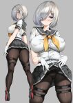  1girl absurdres ass blue_eyes blush breasts clothes_lift covered_nipples from_behind gloves grey_hair hair_ornament hair_over_one_eye hairclip hamakaze_(kancolle) high_heels highres kantai_collection large_breasts looking_at_viewer looking_away looking_back medium_hair neckerchief panties panties_under_pantyhose pantyhose pleated_skirt projected_inset sailor_collar school_uniform serafuku short_sleeves simple_background skindentation skirt skirt_lift thigh_strap torisan underwear white_gloves yellow_neckerchief 