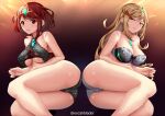  2girls ahoge ass bare_shoulders bikini blonde_hair blush breasts cameltoe circlet cleavage excaliblader highres large_breasts legs long_hair looking_at_viewer multiple_girls mythra_(radiant_beach)_(xenoblade) mythra_(xenoblade) pyra_(pro_swimmer)_(xenoblade) pyra_(xenoblade) red_eyes red_hair shiny shiny_clothes shiny_hair shiny_skin short_hair smile swimsuit underboob xenoblade_chronicles_(series) xenoblade_chronicles_2 yellow_eyes 