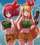  2girls bare_shoulders blonde_hair breasts cosplay crop_top dragon_ball gun large_breasts long_hair lunch_(dragon_ball) lunch_(dragon_ball)_(cosplay) multiple_girls mythra_(xenoblade) pink_eyes pink_hair pyra_(xenoblade) short_hair shorts sleeveless stoic_seraphim weapon xenoblade_chronicles_(series) xenoblade_chronicles_2 yellow_eyes 