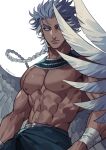  1boy artist_name azaya_(kuroi_azaya) bird_boy bird_wings blue_eyes blue_hair bracer braid braided_ponytail closed_mouth colored_sclera colored_tips dark-skinned_male dark_skin egyptian egyptian_clothes feathered_wings grey_hair grey_sclera grey_wings long_hair looking_at_viewer male_focus multicolored_hair muscular muscular_male original personification simple_background solo topless_male upper_body usekh_collar white_background wings 