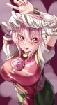  1girl bandaged_arm bandages blurry blush breasts cuffs depth_of_field flower from_above highres ibaraki_kasen large_breasts maboroshi_mochi nail_polish pink_eyes pink_flower pink_hair pink_nails pink_rose rose skirt solo tabard tongue tongue_out touhou 