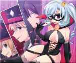  1girl 3boys black_gloves breasts cape card cleavage cross-laced_clothes crown curly_hair curtains elbow_gloves glasses gloves grey_hair grin hairband hat henriette_mystere large_breasts mini_crown multiple_boys navel playing_card purple_eyes rat_(milky_holmes) side_ponytail sitting smile stone_river tantei_opera_milky_holmes thighhighs tongue tongue_out top_hat tsunoji twenty_(milky_holmes) white_hairband yokozuwari 