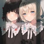  2girls bangs black_dress black_hair black_ribbon blonde_hair blue_eyes blush bow braid brown_eyes closed_mouth commentary_request dress hair_between_eyes hair_ribbon hanamura_hinako kitanai_kimi_ga_ichiban_kawaii looking_at_viewer multiple_girls parted_lips red_ribbon ribbon sezaki_airi shade shadow short_hair side_braid simple_background teti upper_body 