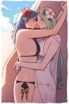  2girls arms_around_neck arms_around_waist bikini black_bikini blue_eyes blue_hair blush border breast_press breasts byleth_(fire_emblem) byleth_(fire_emblem)_(female) byleth_(summer)_(fire_emblem)_(female) cleavage cloud commentary_request day eye_contact fire_emblem fire_emblem:_three_houses fire_emblem_heroes flower from_side green_eyes green_hair hair_between_eyes hair_flower hair_ornament head_wreath hibiscus highres ikarin imminent_kiss large_breasts long_hair looking_at_another multiple_girls official_alternate_costume outdoors parted_lips pink_flower pointy_ears profile red_flower rhea_(fire_emblem) see-through sky sweat swimsuit symmetrical_docking very_long_hair white_bikini white_border yuri 