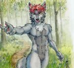  2022 akatan_art anthro black_nose blush canid cheek_tuft chest_tuft dated facial_tuft featureless_crotch front_view fur glistening glistening_hair grass grey_body grey_fur hair hi_res male mammal neck_tuft nude open_mouth open_smile outside plant portrait red_eyes red_hair short_hair shoulder_tuft signature smile solo standing three-quarter_portrait traditional_media_(artwork) tree tuft yellow_sclera 