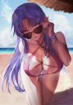  1girl absurdres adjusting_eyewear all_fours beach blue_eyes blue_hair blurry blurry_background braid breasts brooch cleavage commission day fate/grand_order fate/stay_night fate_(series) highres horizon jewelry kokollet large_breasts lipstick long_hair looking_at_viewer looking_over_eyewear makeup medea_(fate) ocean parted_lips pointy_ears second-party_source skeb_commission solo sunglasses sweat swimsuit 
