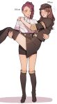  2girls black_headwear blush boots braid breasts brown_hair carrying commentary_request dorothea_arnault facial_mark fire_emblem fire_emblem:_three_houses full_body garreg_mach_monastery_uniform green_eyes hair_pulled_back hat height_difference highres ikarin long_hair multiple_girls petra_macneary princess_carry purple_hair simple_background standing thigh_boots thighhighs white_background yuri 