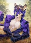  akatan_art anthro arm_tuft black_nose blep brown_hair canid cheek_tuft closed_smile facial_tuft front_view fur glistening glistening_eyes hair looking_at_viewer lying male mammal messy_hair mouth_closed neck_tuft nude on_side orange_eyes outside plant purple_body purple_fur short_hair shrub solo tongue tongue_out tuft unsigned white_body white_fur 