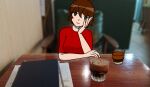  1girl absurdres botaro_kubo breasts brown_eyes brown_hair closed_mouth coffee coffee_cup cup disposable_cup head_tilt highres light_smile looking_at_viewer medium_breasts original red_shirt shirt short_hair simple_background smile staring tomboy trang upper_body 