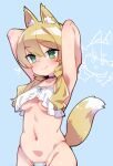  1girl alice_gear_aegis animal_ear_fluff animal_ears armpits arms_up blonde_hair blue_background blue_panties breasts camisole crop_top crop_top_overhang fox_ears fox_tail green_eyes highleg highleg_panties kemonomimi_mode kotomura_akane long_hair low_twintails medium_breasts navel panties simple_background smile solo string_panties stroma tail twintails underboob underwear 