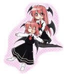  2girls :d :o ^_^ alternate_hair_length alternate_hairstyle bat_wings black_pantyhose black_skirt black_vest blush chibi closed_eyes collared_shirt commentary_request dot_nose dress_shirt dual_persona eyes_visible_through_hair fang full_body hair_between_eyes head_wings juliet_sleeves kneeling koakuma long_sleeves looking_at_viewer mijinko_(zrmt) multiple_girls necktie no_shoes outstretched_arms pantyhose pink_background polka_dot polka_dot_background puffy_sleeves red_eyes red_hair red_necktie shirt sidelocks simple_background skin_fang skirt skirt_set smile socks spread_arms touhou vest white_background white_shirt white_socks wings 
