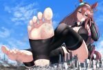  1girl absurdres animal_ears black_gloves black_leotard blue_eyes breasts brown_hair city day destruction elbow_gloves giant giantess gloves hairband hand_on_own_cheek hand_on_own_face highres horse_ears horse_tail large_breasts leotard lien long_hair looking_at_viewer mihono_bourbon_(umamusume) outdoors solo tail toes umamusume 