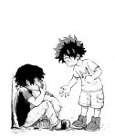  2boys aged_down animal animal_hug bags_under_eyes bangs boku_no_hero_academia dated eye_contact fingernails freckles from_side greyscale halftone hand_on_own_face head_down hibaring highres knee_up leaning_forward looking_at_another male_child male_focus midoriya_izuku monochrome multiple_boys open_hand outstretched_arm pants parted_lips pocket profile sandals shigaraki_tomura short_hair short_sleeves shorts simple_background sitting spoilers standing toeless_footwear twitter_username white_background wide-eyed 
