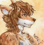  2022 akatan_art anthro brown_body brown_fur brown_hair bust_portrait canid chest_tuft closed_smile dated fur hair hi_res male mammal mouth_closed nude portrait side_view simple_background solo tuft white_body white_fur 