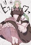  1girl alternate_costume apron bad_id bad_twitter_id black_dress blush boots braid breasts brown_footwear clothes_lift commentary_request dress dress_lift enmaided fire_emblem fire_emblem:_three_houses frilled_apron frilled_dress frills garter_straps green_eyes green_hair highres ikarin large_breasts long_hair long_sleeves maid maid_headdress nose_blush puffy_long_sleeves puffy_sleeves rhea_(fire_emblem) single_braid solo spoken_squiggle squiggle sweat thighhighs very_long_hair white_apron white_thighhighs wind wind_lift 