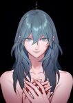  1girl bangs black_background blood blood_on_face blood_on_hands blue_eyes blue_hair byleth_(fire_emblem) byleth_(fire_emblem)_(female) closed_mouth commentary completely_nude fire_emblem fire_emblem:_three_houses hair_between_eyes hands_on_own_chest highres ikarin long_hair nude simple_background solo translation_request upper_body 