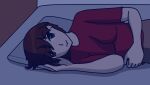  1girl botaro_kubo brown_eyes brown_hair looking_at_viewer lying night night_light on_bed on_side original shirt short_hair smile staring tomboy trang 