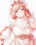  1girl apron bangs blush braid breasts closed_mouth commentary_request hair_between_eyes hataraku_saibou highres long_hair looking_at_viewer macrophage_(hataraku_saibou) maid maid_apron maid_headdress mery_(yangmalgage) simple_background single_braid smile solo standing white_background 