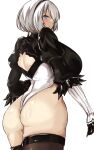  1girl ass back back_cutout bangs black_hairband blue_eyes breasts clothing_cutout cowboy_shot feather_trim gloves hairband highleg highres hizakake juliet_sleeves large_breasts leotard long_sleeves looking_back mole mole_under_mouth nier_(series) nier_automata no_blindfold puffy_sleeves shiny shiny_skin short_hair solo white_background white_hair white_leotard yorha_no._2_type_b 