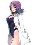  1girl :d absurdres bangs blurry breasts brown_eyes cleavage coat commentary_request dyson_(edaokunnsaikouya) hand_in_pocket highres jewelry labcoat medium_hair necklace one-piece_swimsuit open_clothes open_coat open_mouth philena_ivy pokemon pokemon_(anime) pokemon_(classic_anime) purple_hair smile solo swimsuit white_background 