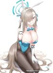  1girl animal_ears asuna_(blue_archive) asuna_(bunny)_(blue_archive) awono_nanaumi black_pantyhose blonde_hair blue_archive blue_eyes blush breasts cleavage fake_animal_ears gloves grin hair_over_one_eye halo highres large_breasts long_hair looking_at_viewer pantyhose playboy_bunny rabbit_ears seiza sitting smile solo thighband_pantyhose very_long_hair white_gloves 