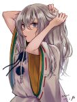  1girl arms_up closed_mouth commentary dated grey_eyes grey_hair hair_tie hair_tie_in_mouth highres japanese_clothes kariginu lips lipstick long_hair long_sleeves looking_at_viewer m_(neteitai10) makeup mononobe_no_futo mouth_hold pom_pom_(clothes) ribbon-trimmed_sleeves ribbon_trim shirt signature simple_background solo touhou tying_hair upper_body white_background white_shirt wide_sleeves 