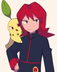  1boy bangs black_jacket chikorita commentary_request hand_on_hip highres jacket long_hair long_sleeves looking_to_the_side male_focus on_shoulder parted_lips pokemon pokemon_(creature) pokemon_(game) pokemon_hgss pokemon_on_shoulder purple_eyes red_hair silver_(pokemon) tyako_089 upper_body 