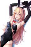  1girl 3_small_spiders absurdres animal_ears armpits arms_up black_leotard blonde_hair bow bowtie breasts cowboy_shot detached_collar fake_animal_ears girls&#039;_frontline highres leotard long_hair m4_sopmod_ii_(girls&#039;_frontline) medium_breasts multicolored_hair playboy_bunny rabbit_ears strapless strapless_leotard streaked_hair white_background wrist_cuffs 