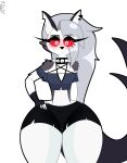  2022 absurd_res anthro black_nose canid canid_demon clothing collar demon ear_piercing female fingerless_gloves fur gloves grey_hair hair handwear hellhound helluva_boss hi_res looking_at_viewer loona_(helluva_boss) mammal mrmelted notched_ear piercing red_sclera simple_background solo spiked_collar spikes white_background white_body white_eyes white_fur wide_hips 