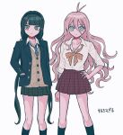  2girls antenna_hair bangs black_hairband black_socks blonde_hair breasts chabashira_tenko cleavage collarbone collared_shirt danganronpa_(series) danganronpa_v3:_killing_harmony feet_out_of_frame green_skirt hair_between_eyes hairband hand_on_hip iruma_miu jacket kneehighs large_breasts long_hair miniskirt multiple_girls necktie official_alternate_costume open_clothes open_jacket pisapipi plaid plaid_necktie plaid_skirt pleated_skirt red_skirt shiny shiny_hair shirt skirt socks translation_request white_shirt 