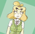  animal_crossing anthro bbravaa bow_ribbon canid canine canis clothing domestic_dog female green_background green_clothing isabelle_(animal_crossing) looking_at_viewer mammal nintendo shih_tzu simple_background smile solo toy_dog video_games 